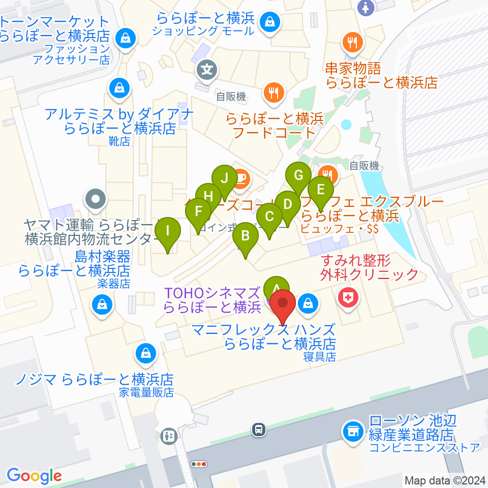 TOHOシネマズららぽーと横浜周辺のファミレス・ファーストフード一覧地図