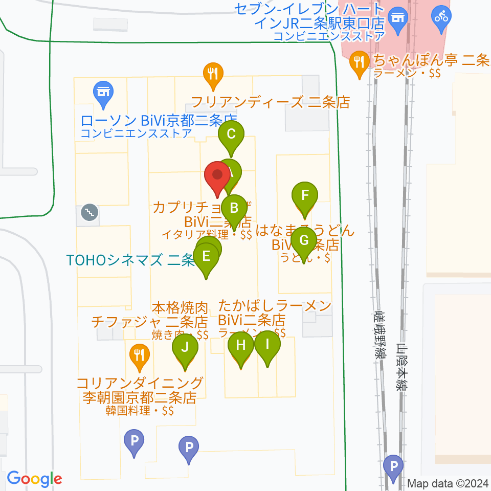 TOHOシネマズ二条周辺のファミレス・ファーストフード一覧地図