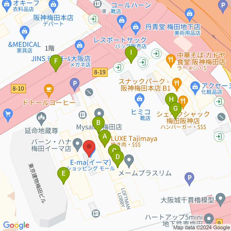 T・ジョイ梅田周辺のファミレス・ファーストフード一覧地図