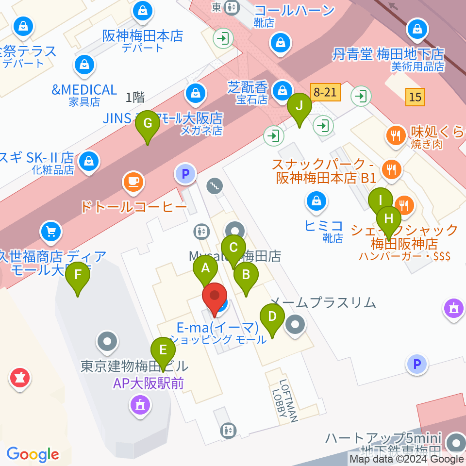 T・ジョイ梅田周辺のファミレス・ファーストフード一覧地図