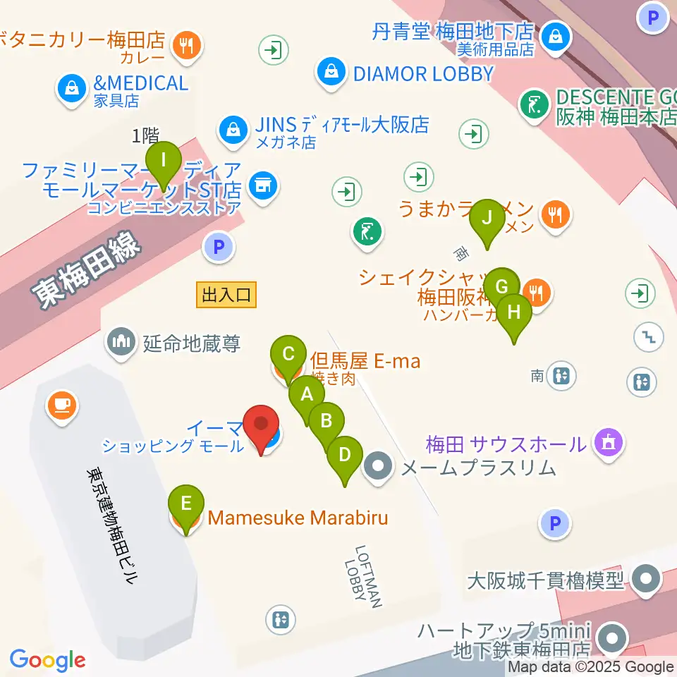 T・ジョイ梅田周辺のファミレス・ファーストフード一覧地図