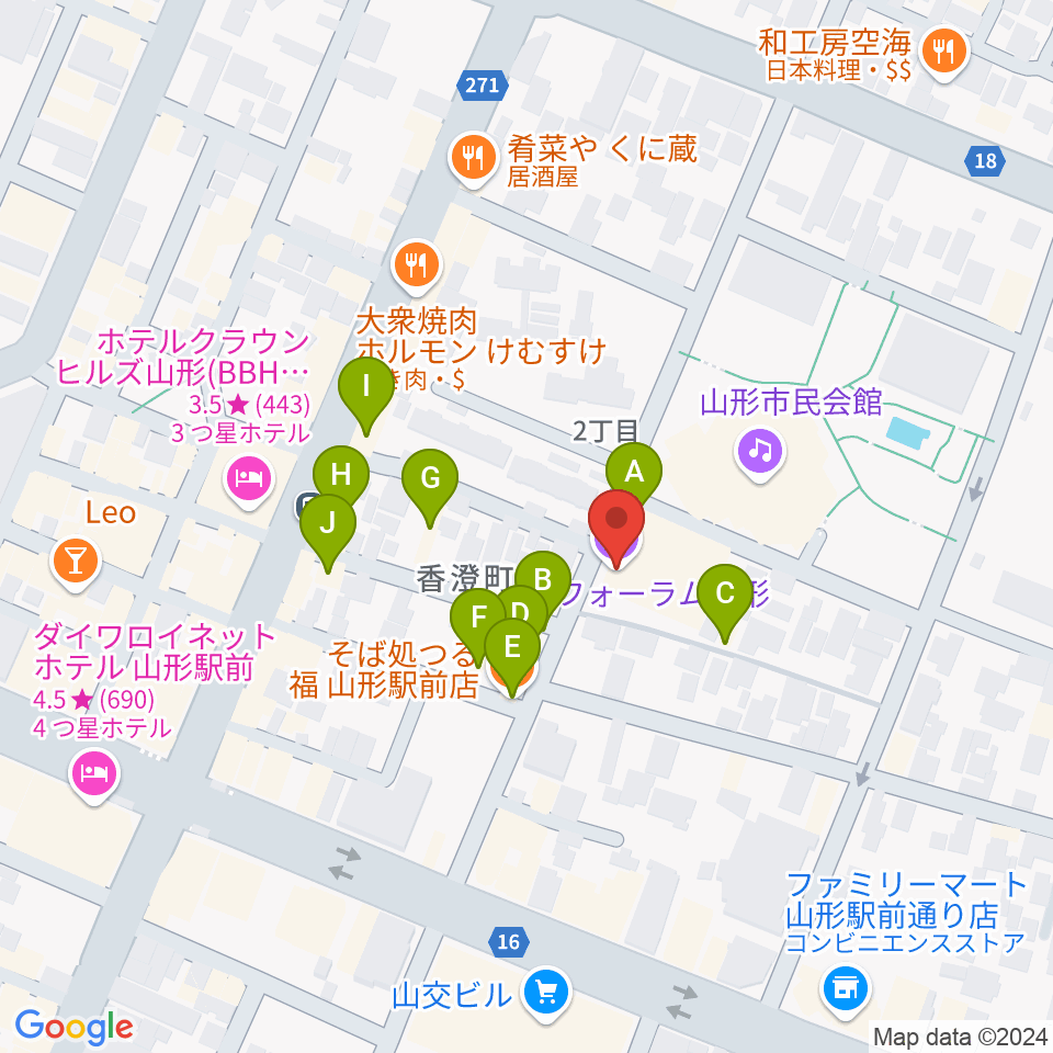 フォーラム山形周辺のファミレス・ファーストフード一覧地図