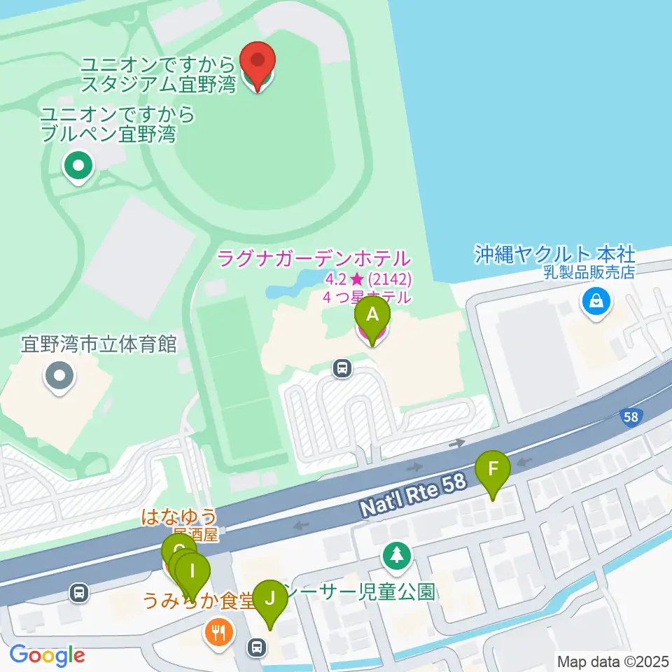 ユニオンですからスタジアム宜野湾周辺のファミレス・ファーストフード一覧地図