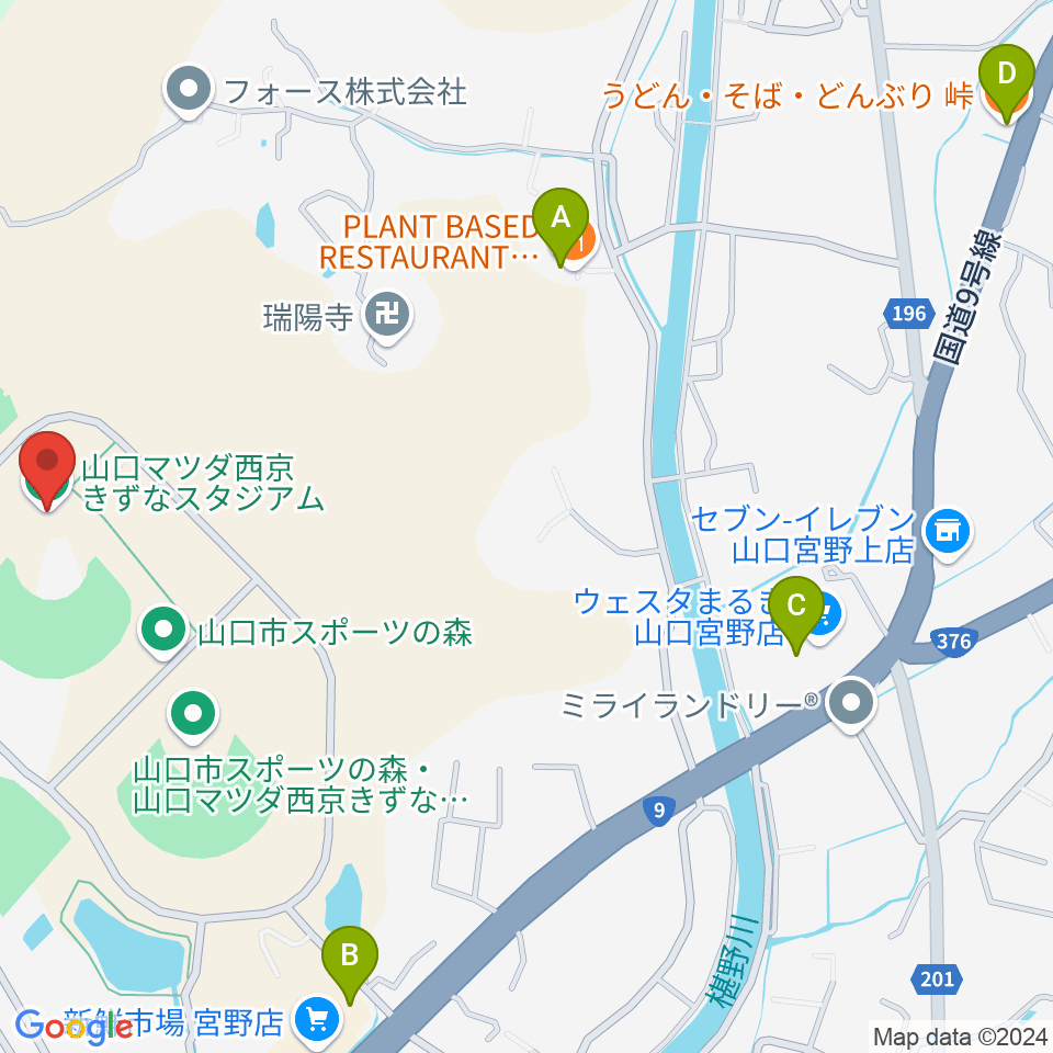 山口マツダ西京きずなスタジアム周辺のファミレス・ファーストフード一覧地図