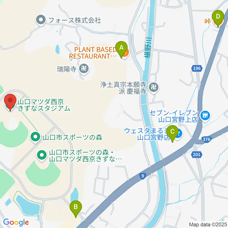 山口マツダ西京きずなスタジアム周辺のファミレス・ファーストフード一覧地図