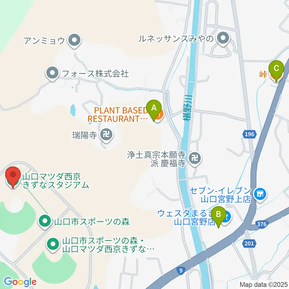 山口マツダ西京きずなスタジアム周辺のファミレス・ファーストフード一覧地図