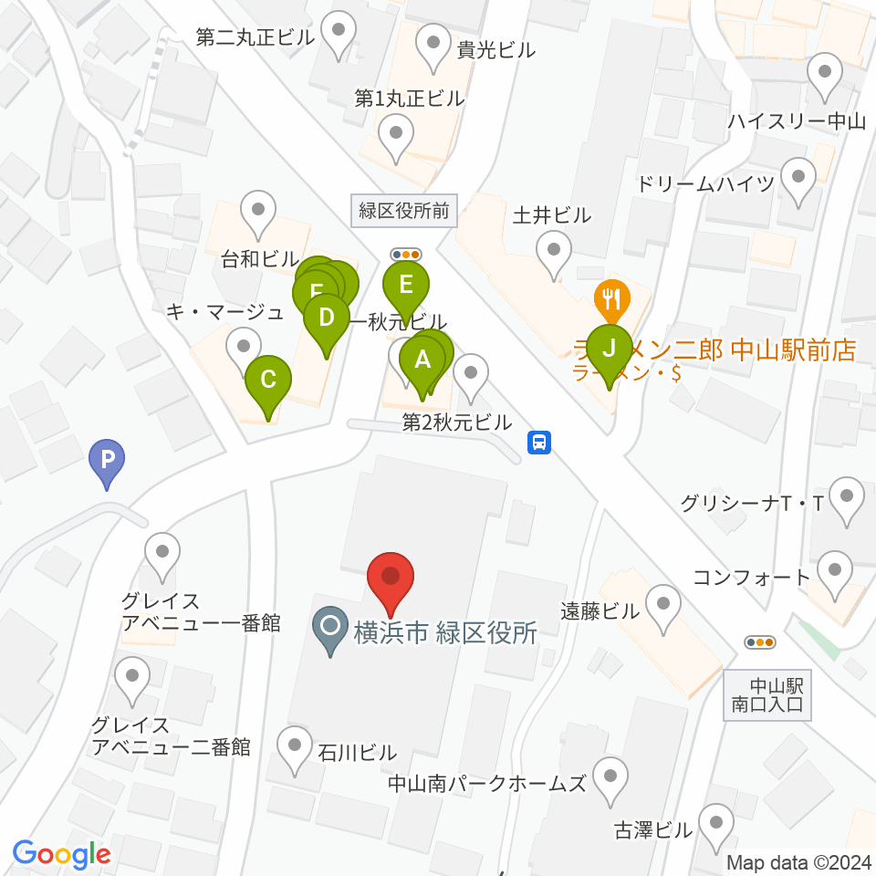 横浜市緑公会堂周辺のファミレス・ファーストフード一覧地図