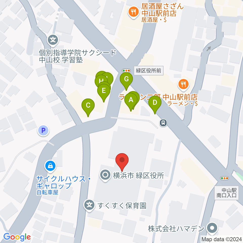 横浜市緑公会堂周辺のファミレス・ファーストフード一覧地図