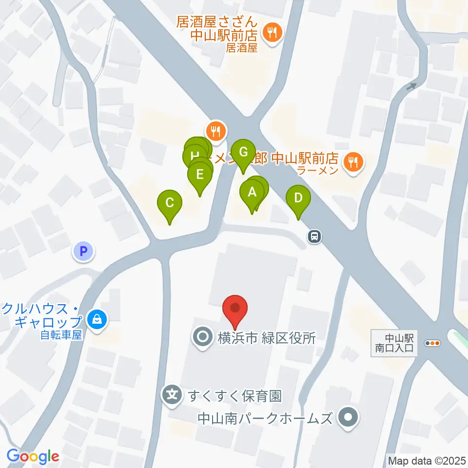 横浜市緑公会堂周辺のファミレス・ファーストフード一覧地図