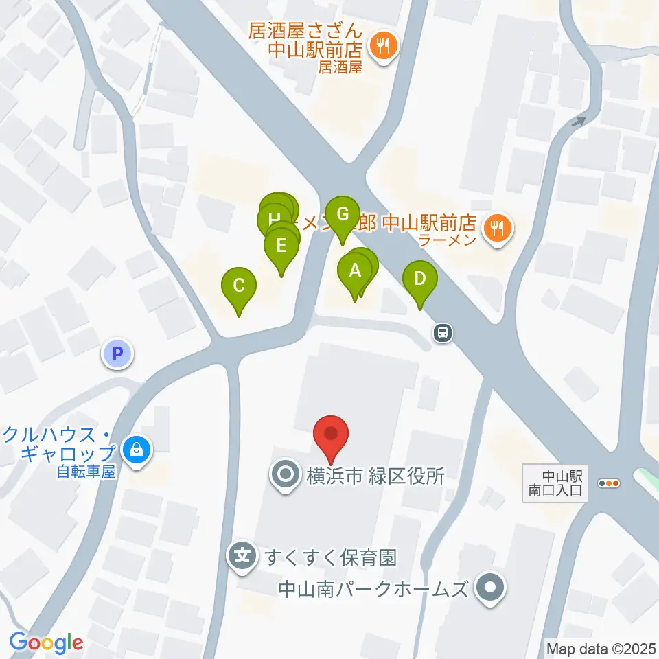 横浜市緑公会堂周辺のファミレス・ファーストフード一覧地図