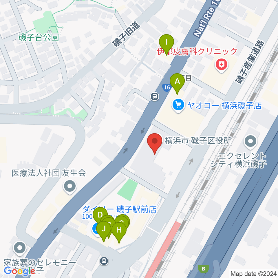 磯子公会堂周辺のファミレス・ファーストフード一覧地図