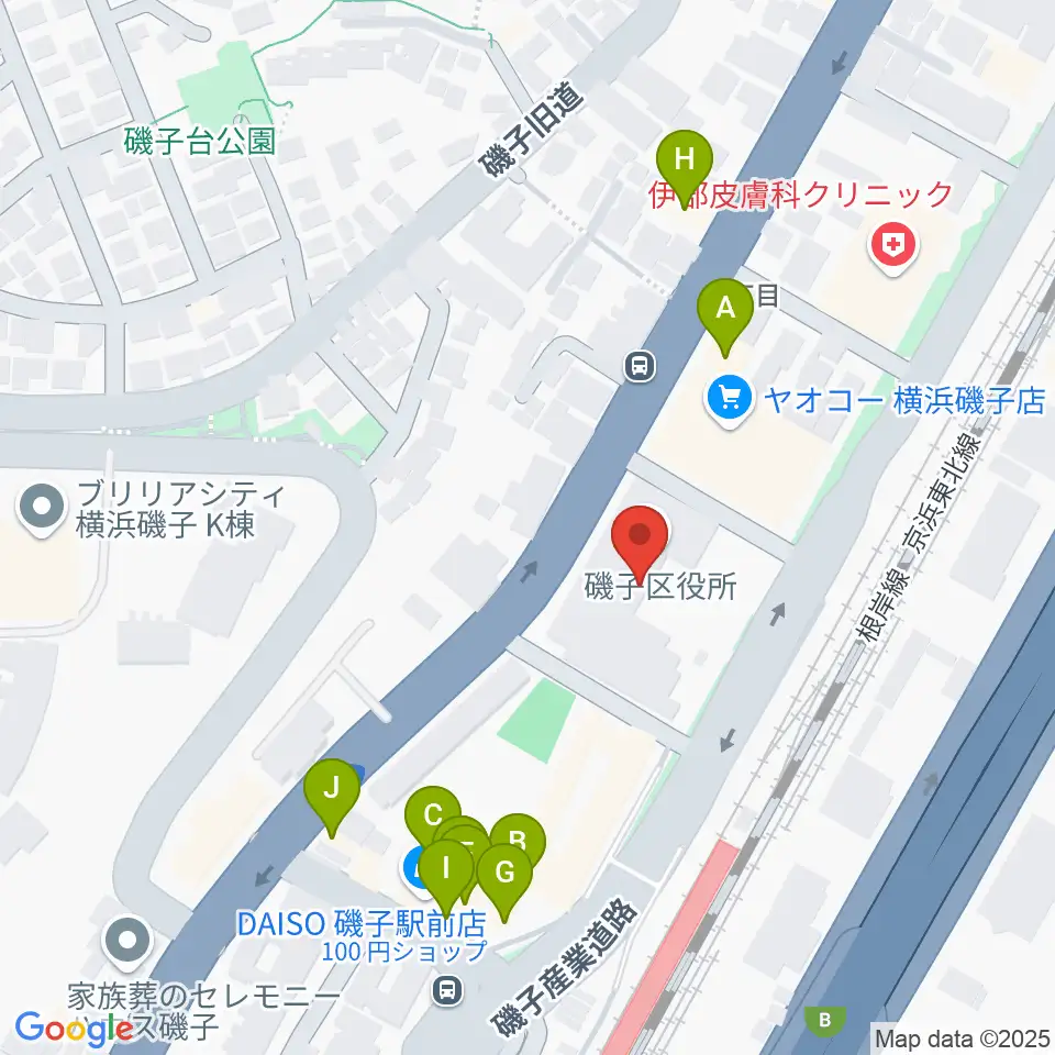 磯子公会堂周辺のファミレス・ファーストフード一覧地図