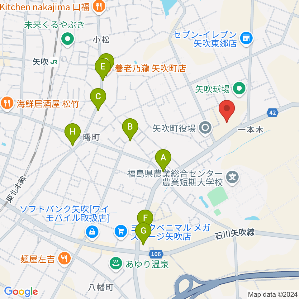 矢吹町文化センター周辺のファミレス・ファーストフード一覧地図