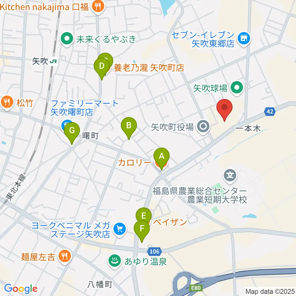 矢吹町文化センター周辺のファミレス・ファーストフード一覧地図