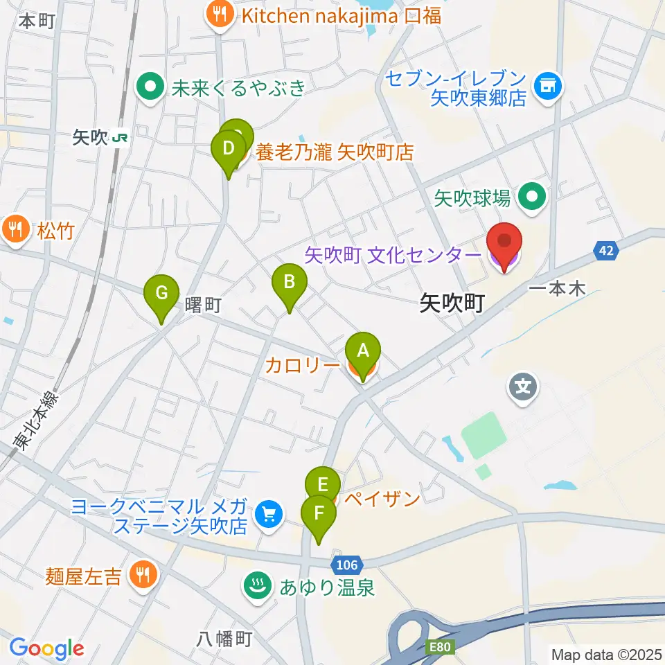 矢吹町文化センター周辺のファミレス・ファーストフード一覧地図