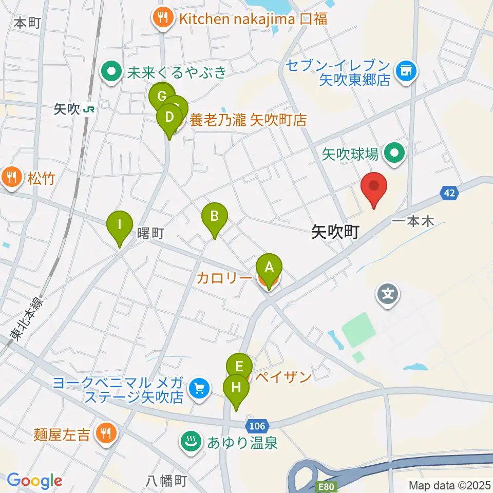 矢吹町文化センター周辺のファミレス・ファーストフード一覧地図