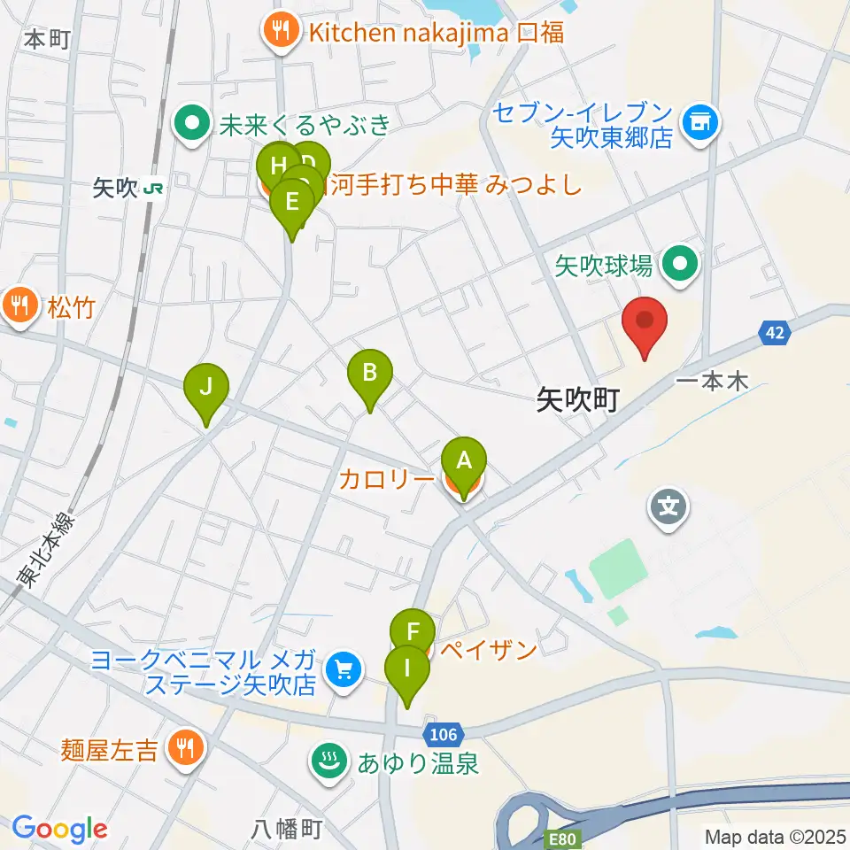 矢吹町文化センター周辺のファミレス・ファーストフード一覧地図