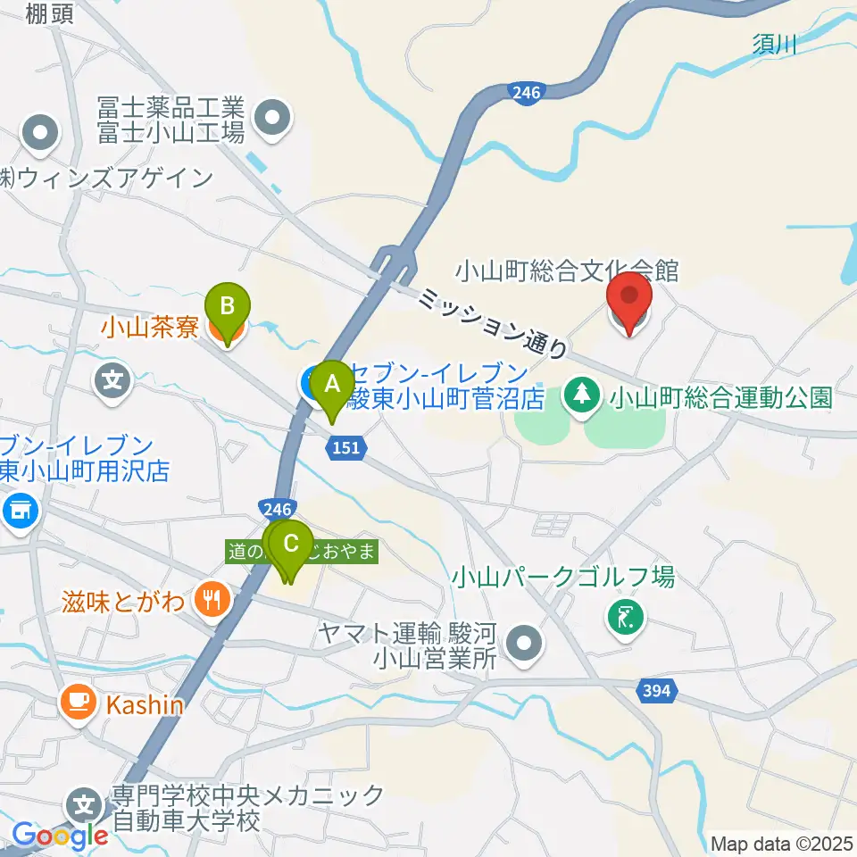 小山町総合文化会館周辺のファミレス・ファーストフード一覧地図