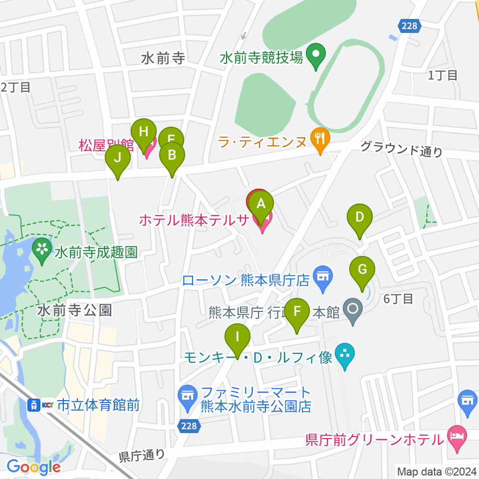 熊本テルサ テルサホール周辺のファミレス・ファーストフード一覧地図