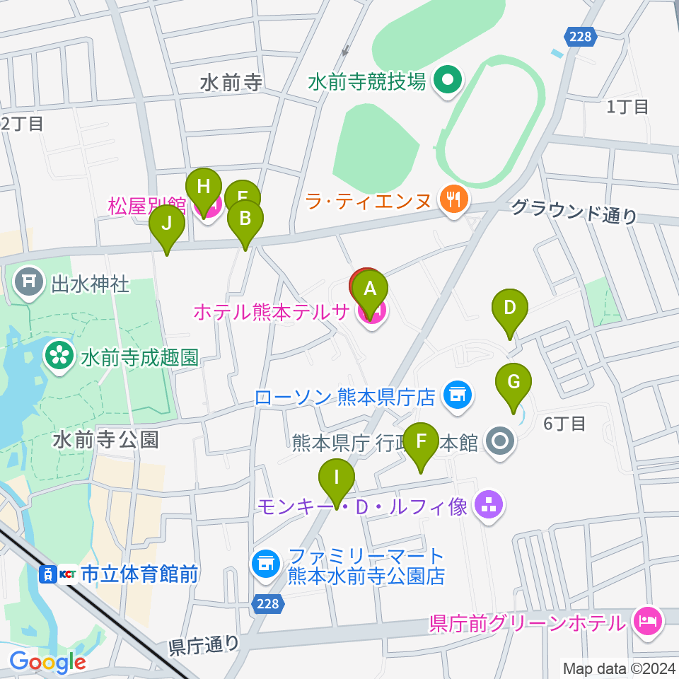 熊本テルサ テルサホール周辺のファミレス・ファーストフード一覧地図