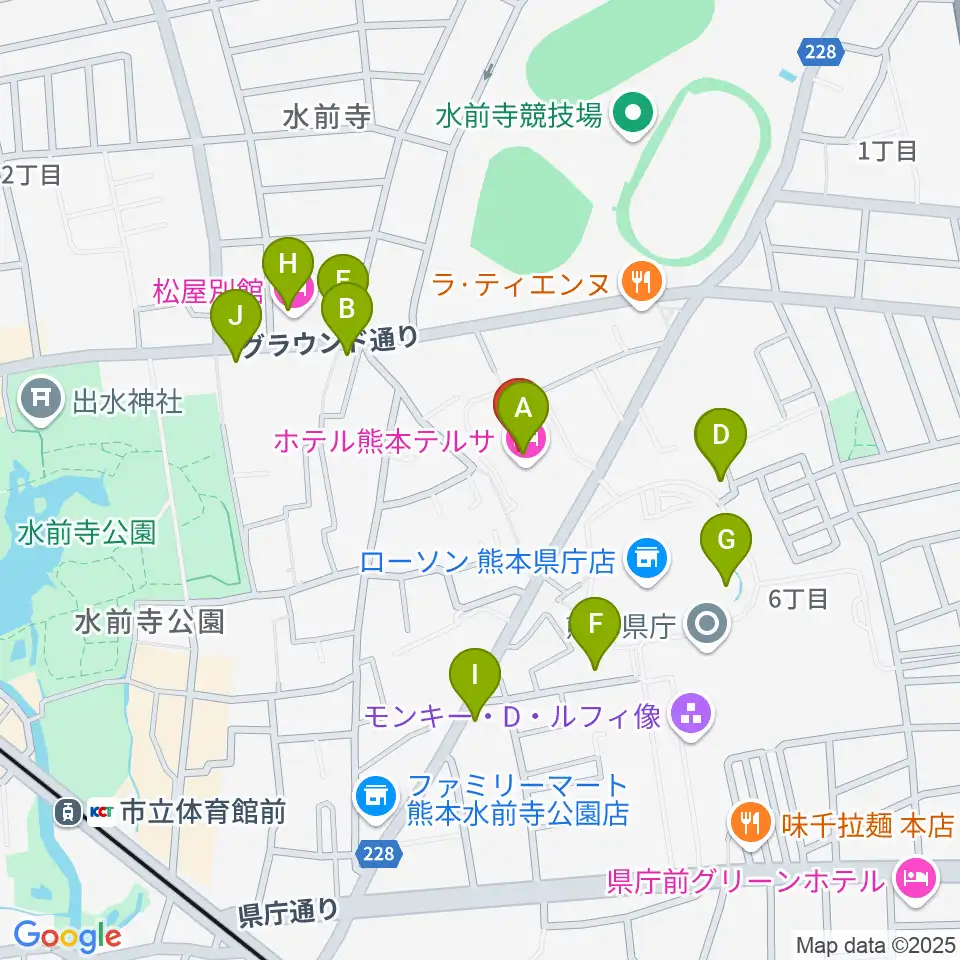 熊本テルサ テルサホール周辺のファミレス・ファーストフード一覧地図