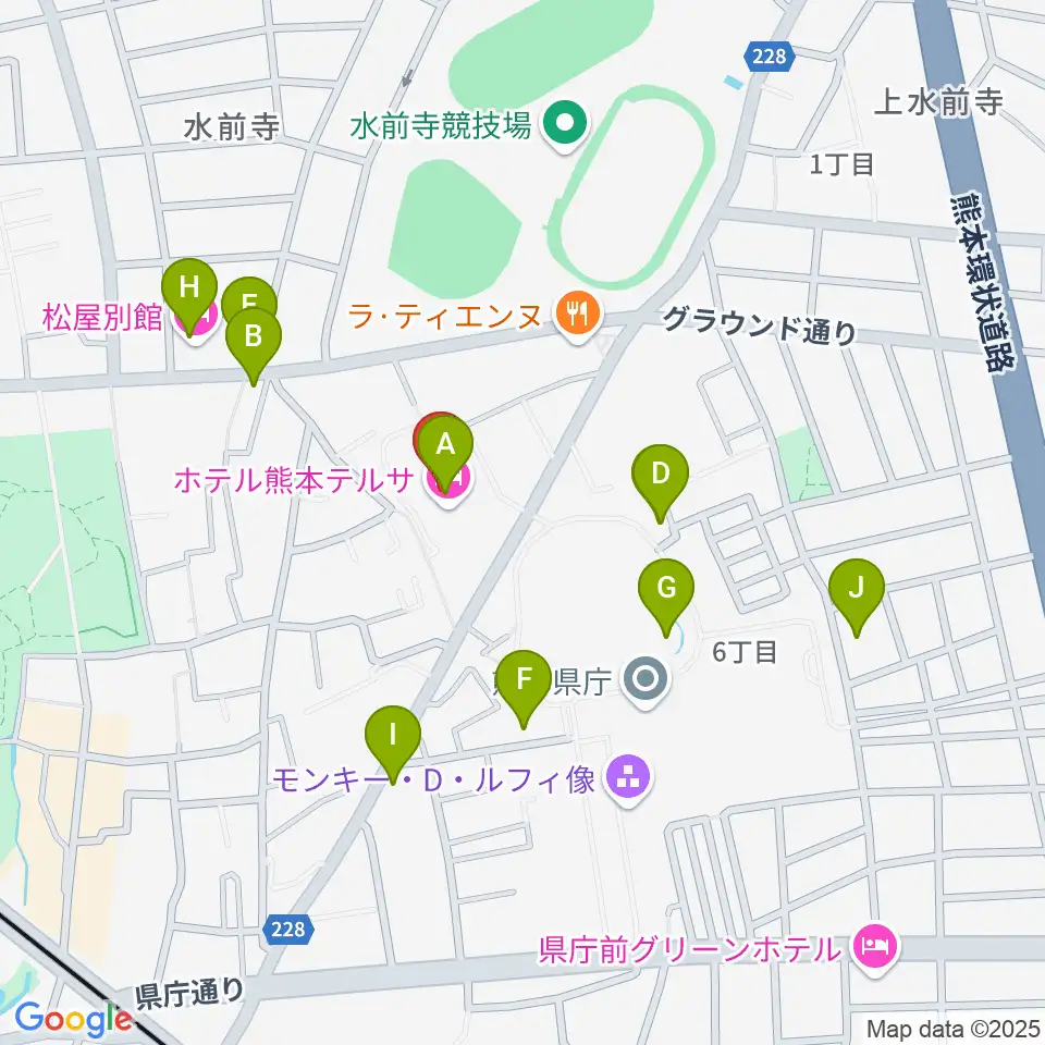 熊本テルサ テルサホール周辺のファミレス・ファーストフード一覧地図