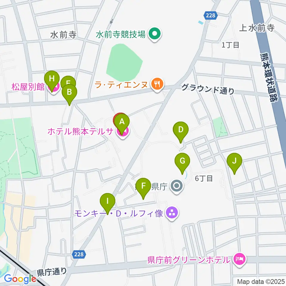 熊本テルサ テルサホール周辺のファミレス・ファーストフード一覧地図