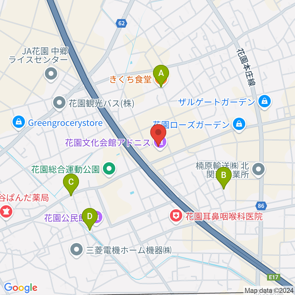 深谷市花園文化会館アドニス周辺のファミレス・ファーストフード一覧地図