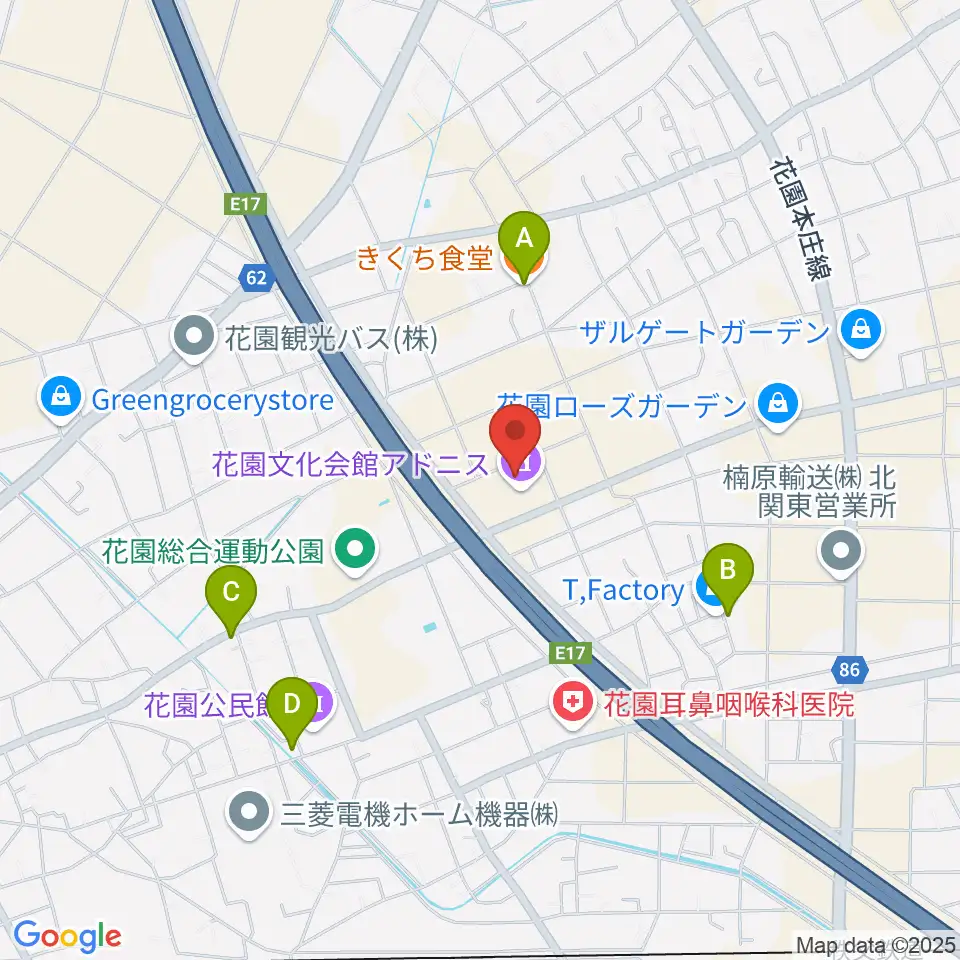 深谷市花園文化会館アドニス周辺のファミレス・ファーストフード一覧地図