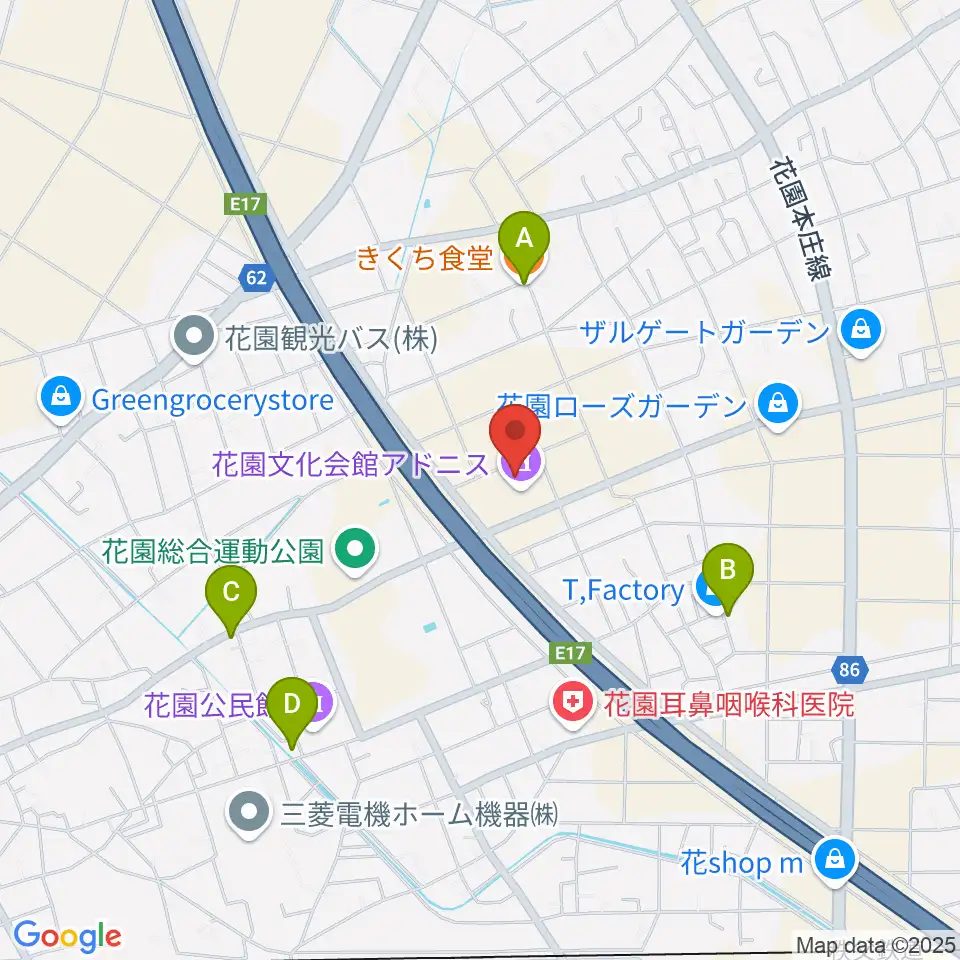 深谷市花園文化会館アドニス周辺のファミレス・ファーストフード一覧地図