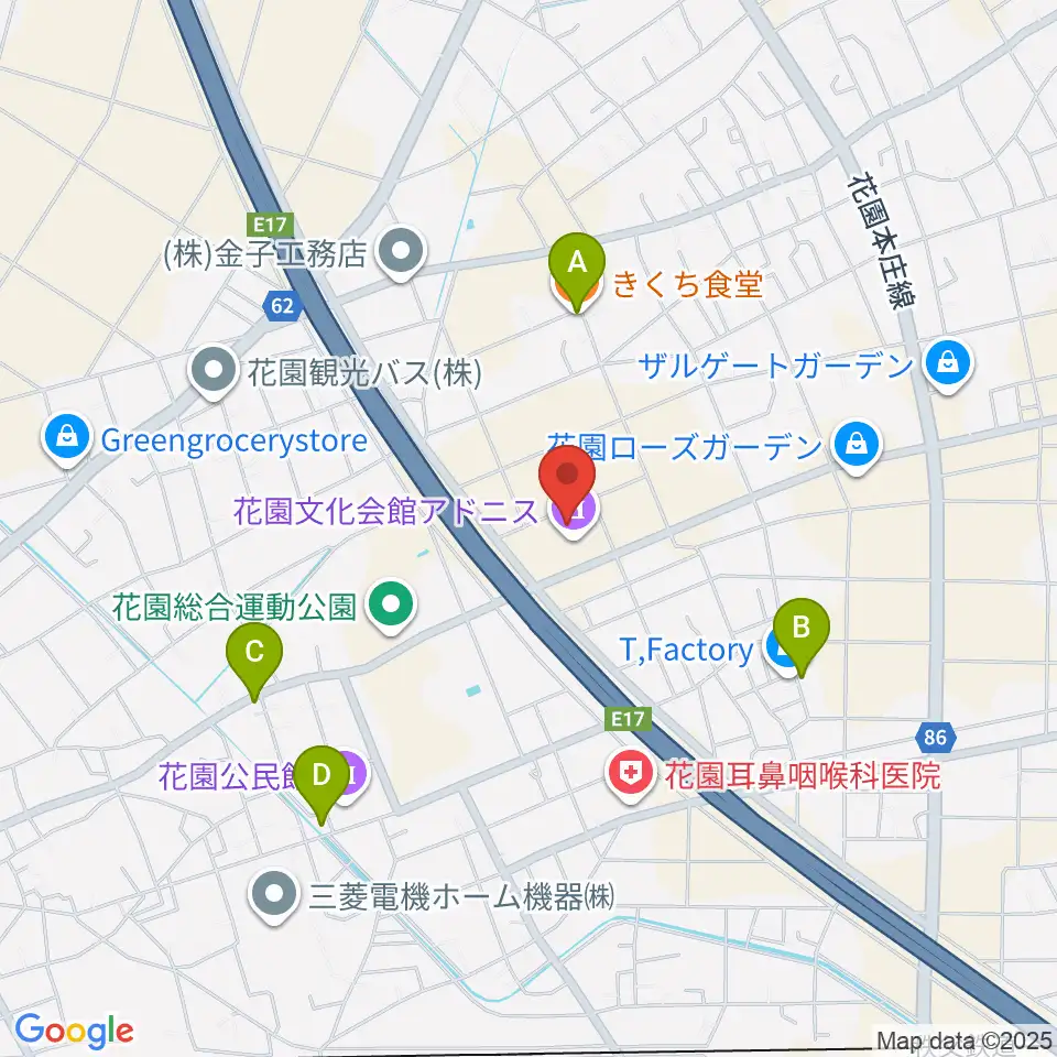 深谷市花園文化会館アドニス周辺のファミレス・ファーストフード一覧地図