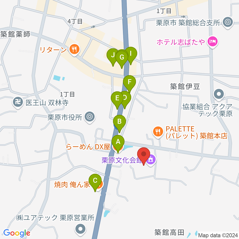 栗原文化会館（アポロプラザ）周辺のファミレス・ファーストフード一覧地図