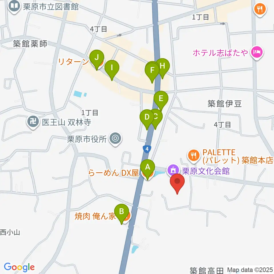 栗原文化会館（アポロプラザ）周辺のファミレス・ファーストフード一覧地図