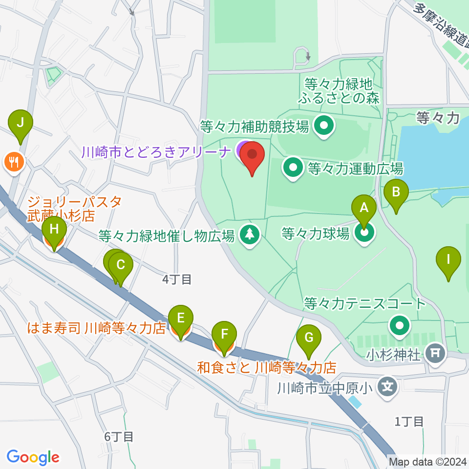 川崎市とどろきアリーナ周辺のファミレス・ファーストフード一覧地図