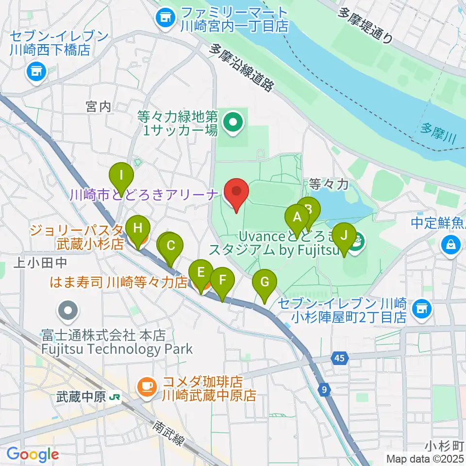 川崎市とどろきアリーナ周辺のファミレス・ファーストフード一覧地図