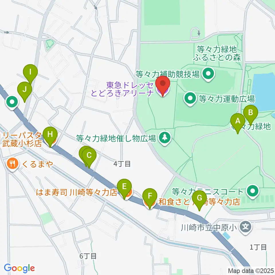 東急ドレッセとどろきアリーナ周辺のファミレス・ファーストフード一覧地図