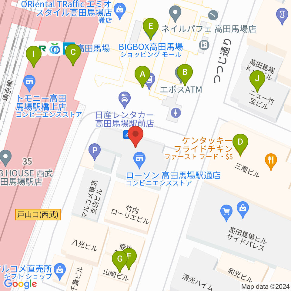 スタジオ音楽館 高田馬場駅前周辺のファミレス・ファーストフード一覧地図