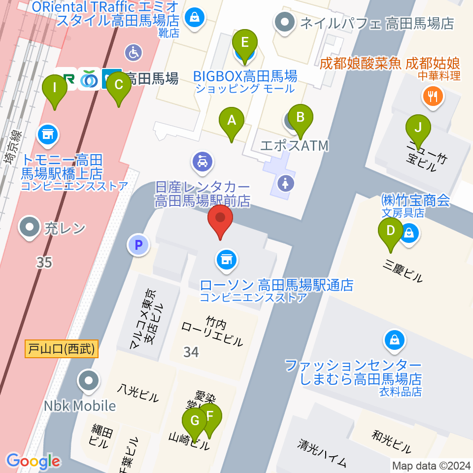 スタジオ音楽館 高田馬場駅前周辺のファミレス・ファーストフード一覧地図