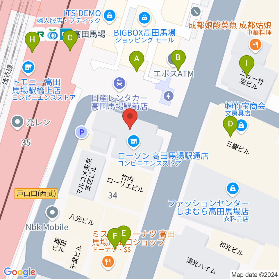 スタジオ音楽館 高田馬場駅前周辺のファミレス・ファーストフード一覧地図