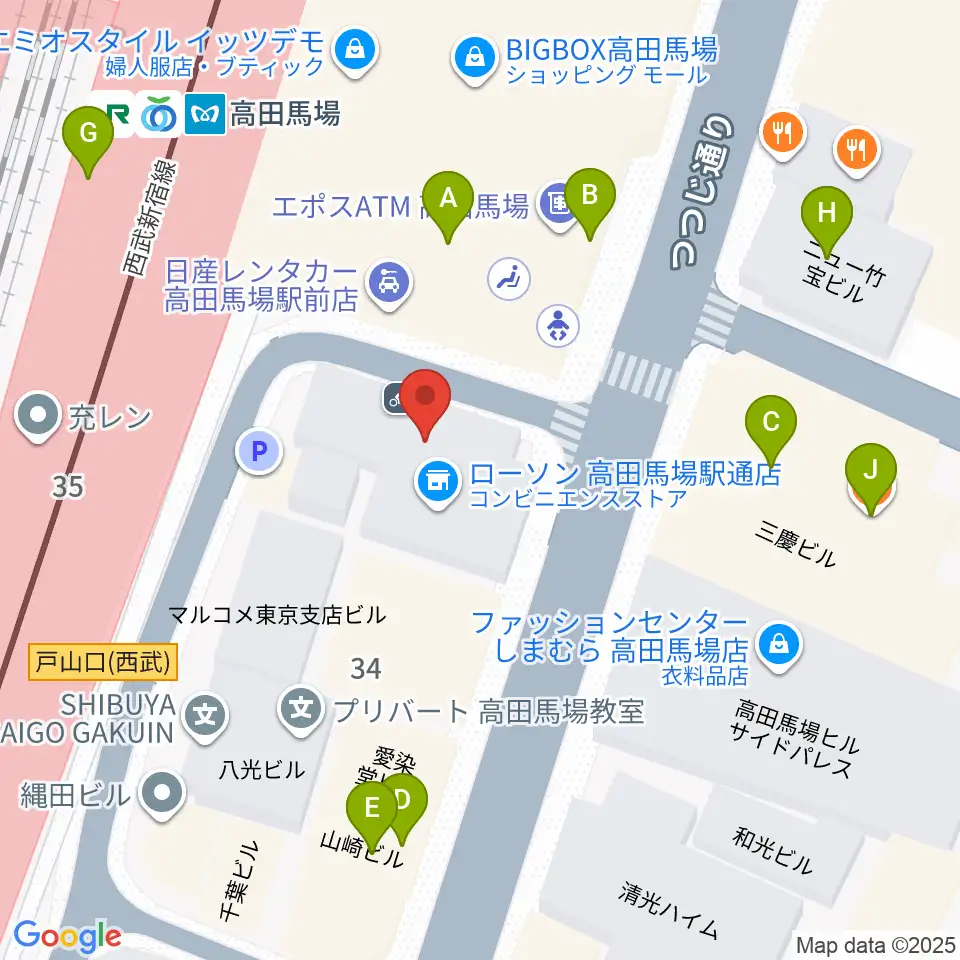 スタジオ音楽館 高田馬場駅前周辺のファミレス・ファーストフード一覧地図