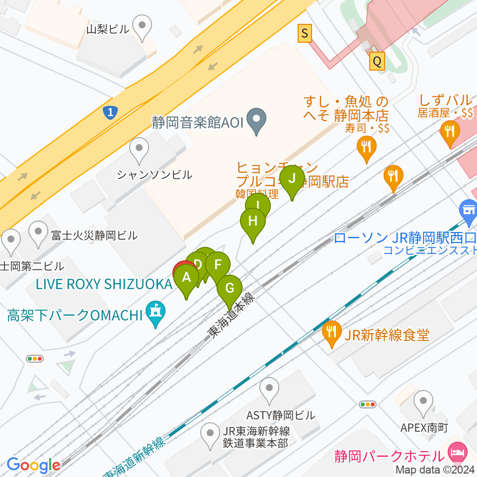 LIVE ROXY SHIZUOKA周辺のファミレス・ファーストフード一覧地図