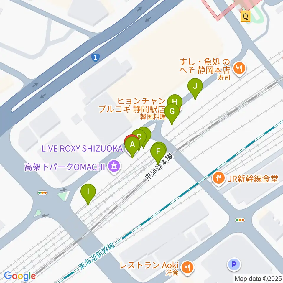 LIVE ROXY SHIZUOKA周辺のファミレス・ファーストフード一覧地図