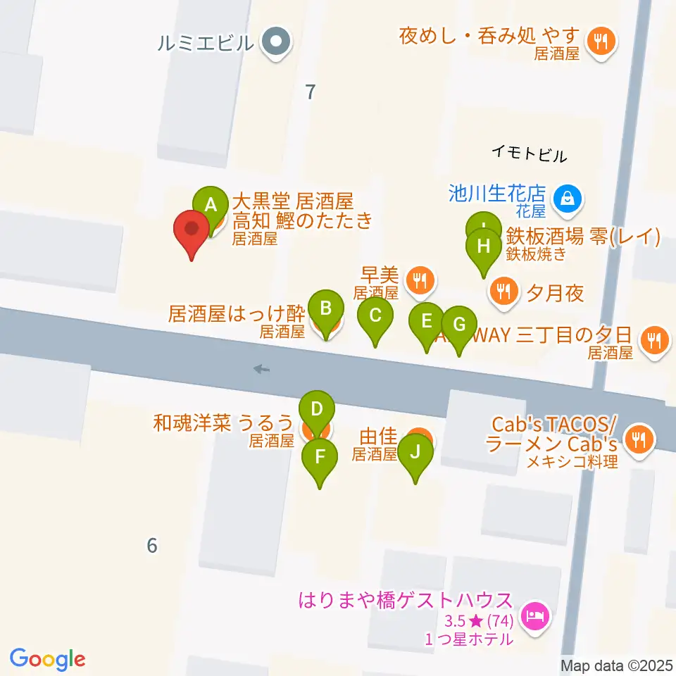 高知ri:ver周辺のファミレス・ファーストフード一覧地図