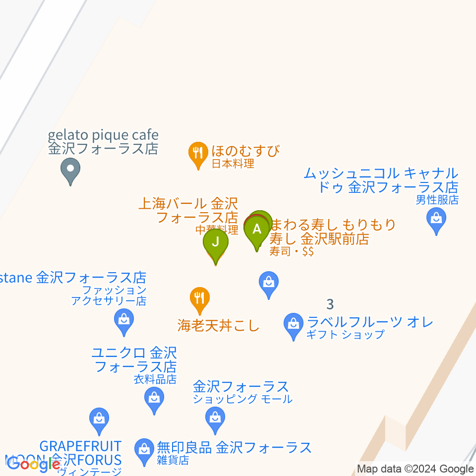 イオンシネマ金沢フォーラス周辺のファミレス・ファーストフード一覧地図