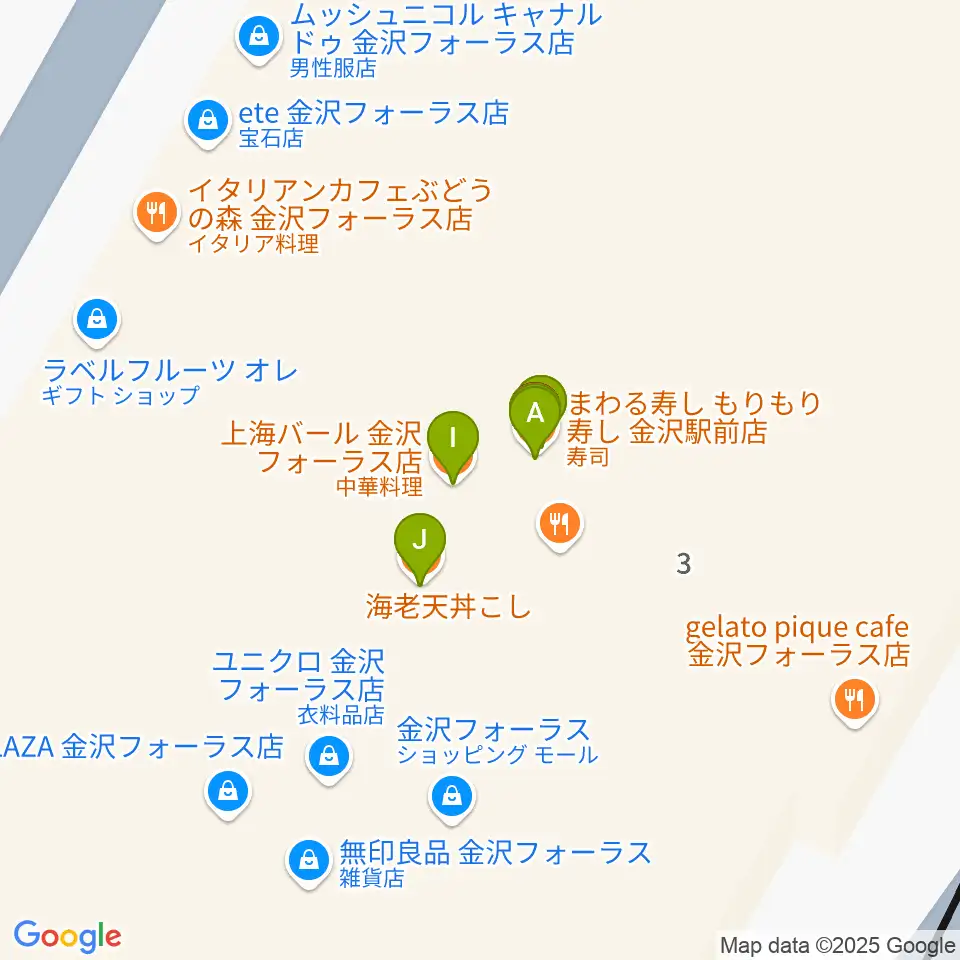 イオンシネマ金沢フォーラス周辺のファミレス・ファーストフード一覧地図
