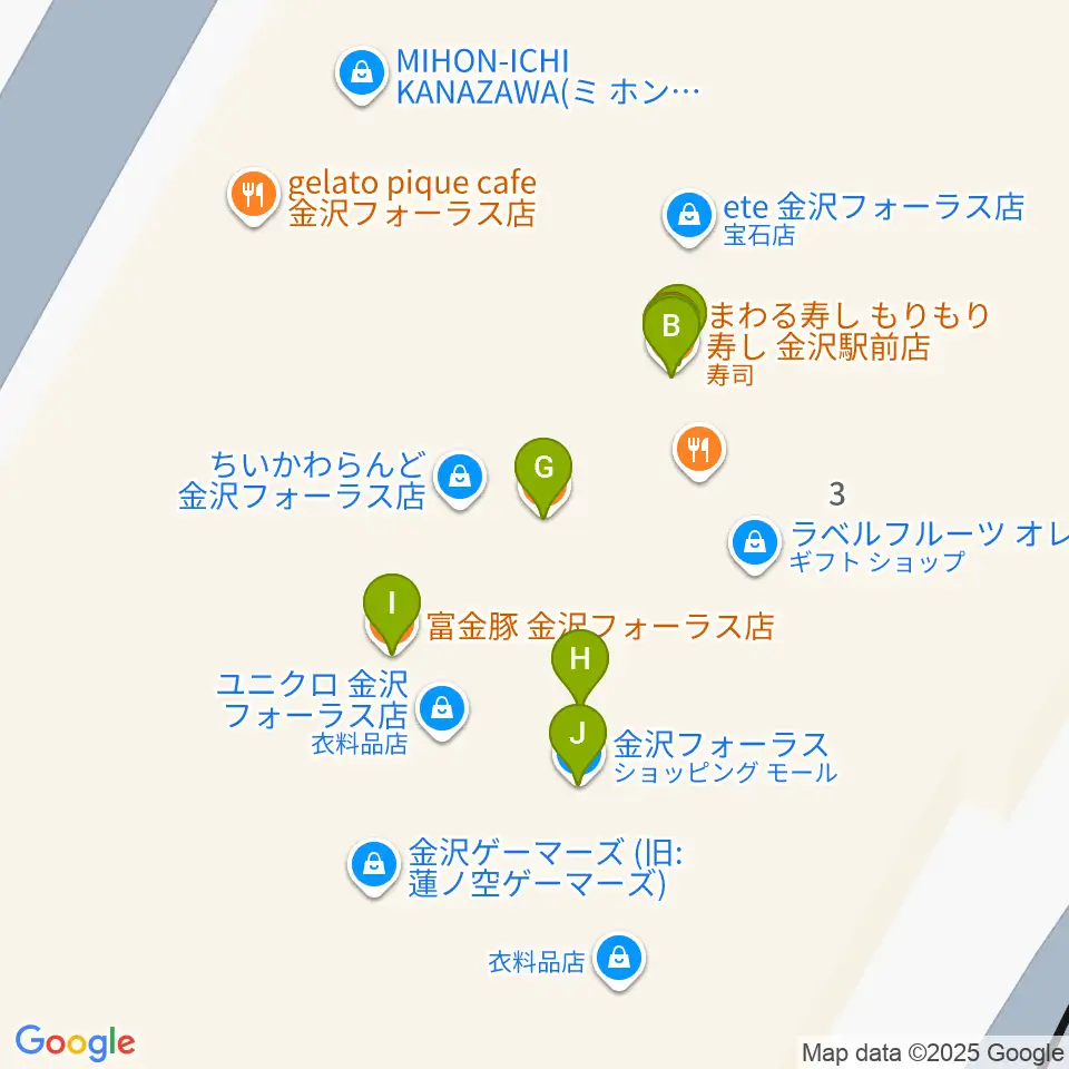 イオンシネマ金沢フォーラス周辺のファミレス・ファーストフード一覧地図