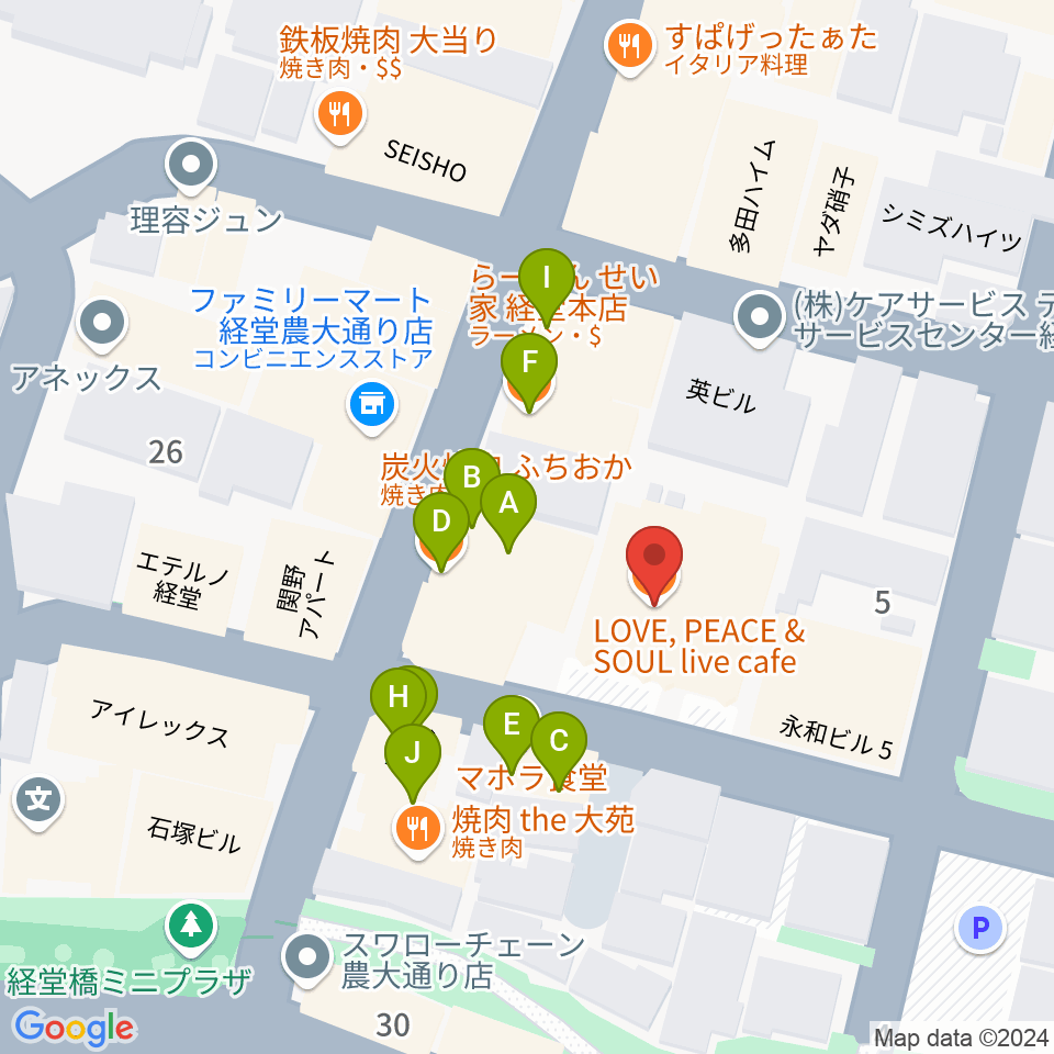 経堂LOVE, PEACE & SOUL周辺のファミレス・ファーストフード一覧地図