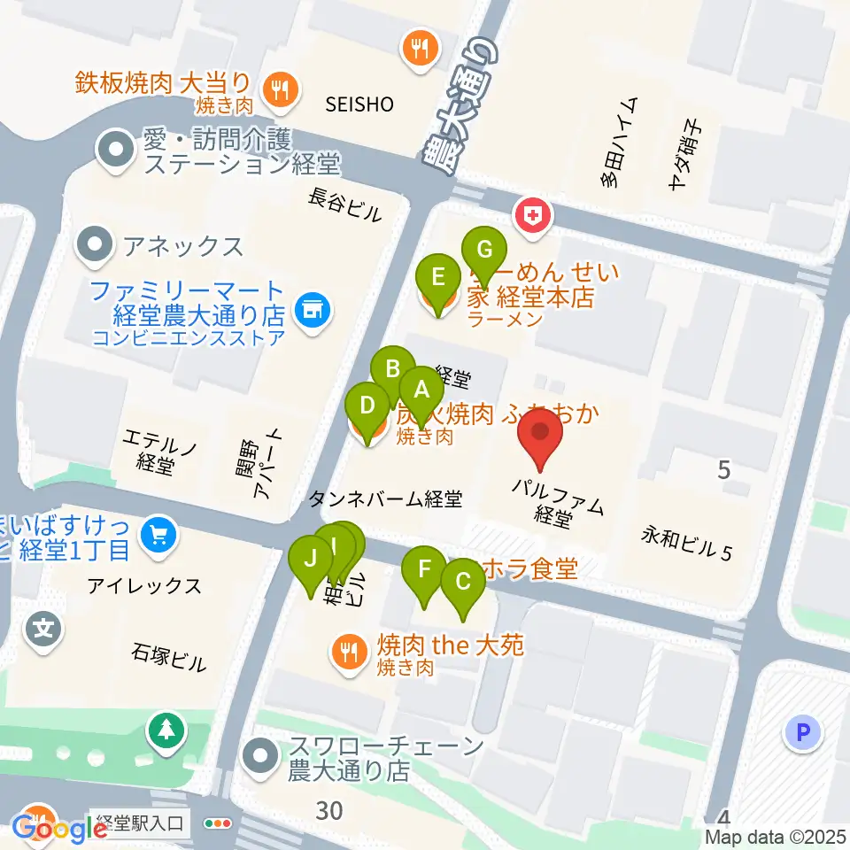 経堂LOVE, PEACE & SOUL周辺のファミレス・ファーストフード一覧地図