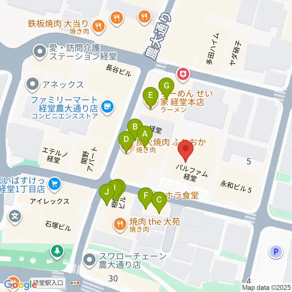 経堂LOVE, PEACE & SOUL周辺のファミレス・ファーストフード一覧地図