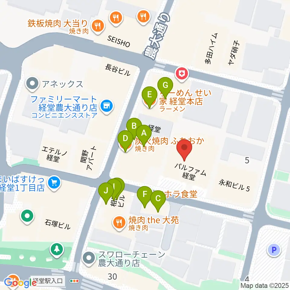 経堂LOVE, PEACE & SOUL周辺のファミレス・ファーストフード一覧地図